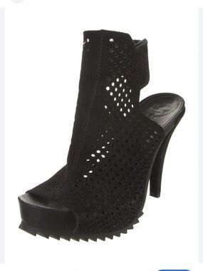 Pedro Garcia Black Perforated Suede Peep-Toe Mules